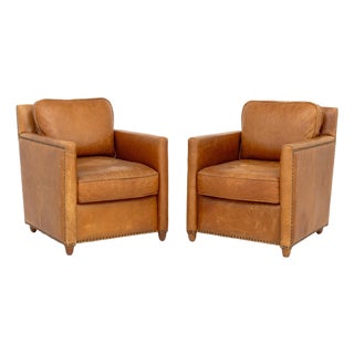 Revelation Tan Leather Club Chairs, Pair For Sale