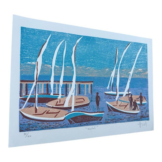 Coastal 1980 Hannah Brandt “Natal” Signed Limited Edition Brazilian Color Woodcut Print 41/60 For Sale - Image 3 of 10