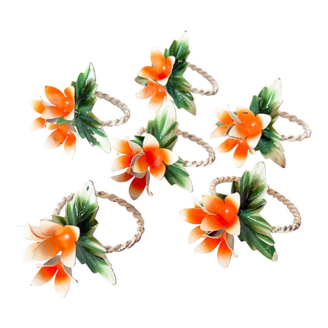 Vintage Tole Flower Napkin Rings- Set of 6 For Sale