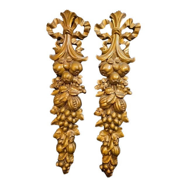 VNT MCM Syroco Wood Gold Gilt Panels Fruit & Bow Garland Wall Hanging Decor XL For Sale
