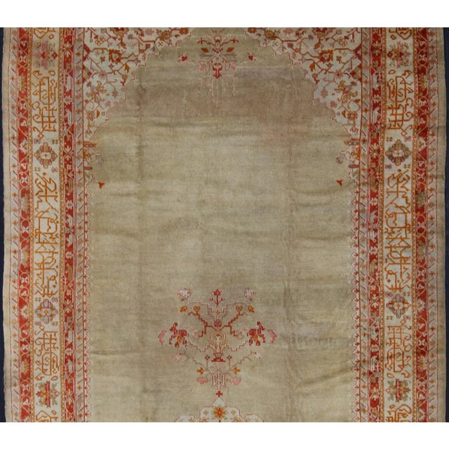 Large Antique Oushak Rug in Taupe / Light Green Background and Red Border For Sale - Image 10 of 12