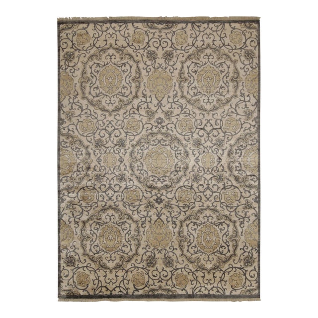 Rug & Kilim’s Classic Style Rug With Gray, Beige and Gold Floral Medallions For Sale