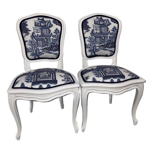 Pair of Upholstered Vintage Chairs With Blue and White Chinoiserie For Sale