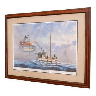 "The Buy-Boat Wm. B. Tennison at Drum Point" Sailboats Lighthouse Painting Print Signed John M Barber Numbered For Sale