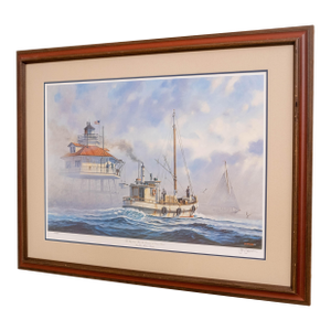 "The Buy-Boat Wm. B. Tennison at Drum Point" Sailboats Lighthouse Painting Print Signed John M Barber Numbered