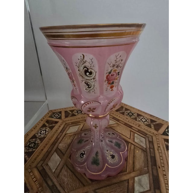 Art Nouveau Antique Moser Bohemian Glass Overlay Pink Opaline Goblet For Sale - Image 3 of 6