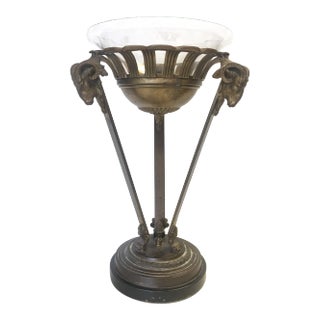 Vintage Brass Rams Head Pedestal Stand With Glass Bowl Catchall For Sale