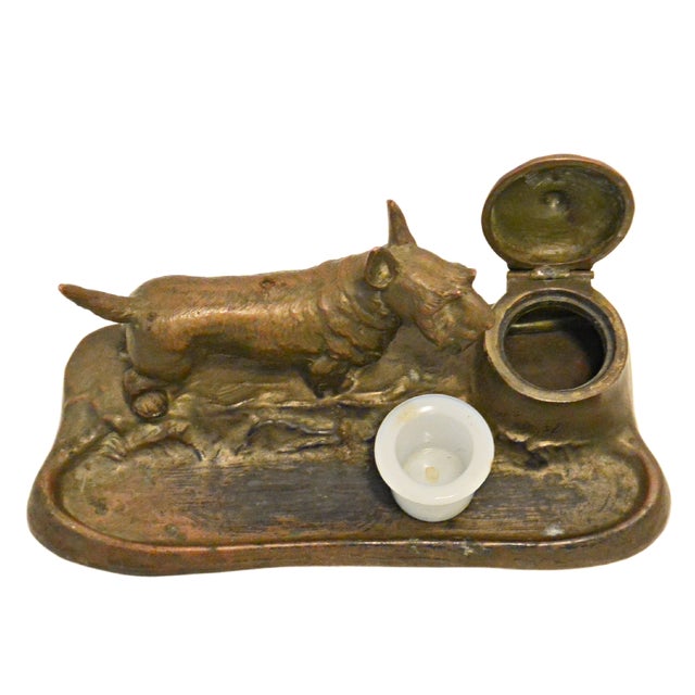Bronze Antique Jennings Brothers Cast Bronze Scottish Terrier Inkwell & Pen Tray For Sale - Image 8 of 9