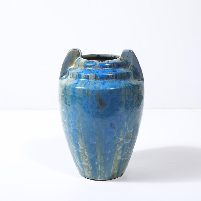 Art Deco Art Deco Skyscraper Style Speckled Organic Blue Ceramic Vase Signed Pierrefonds For Sale - Image 3 of 13