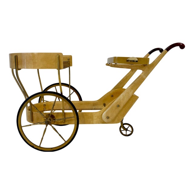 Vintage Italian Bar Cart in Parchment and Brass by Aldo Tura, 1960s For Sale