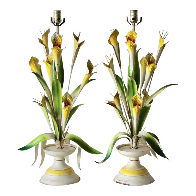 Vintage Italian Tole Flowers Urn Table Lamps- a Pair For Sale