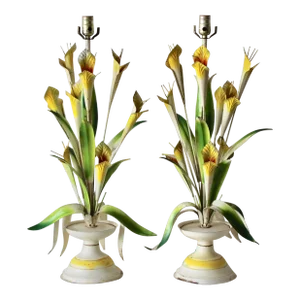 Vintage Italian Tole Flowers Urn Table Lamps- a Pair