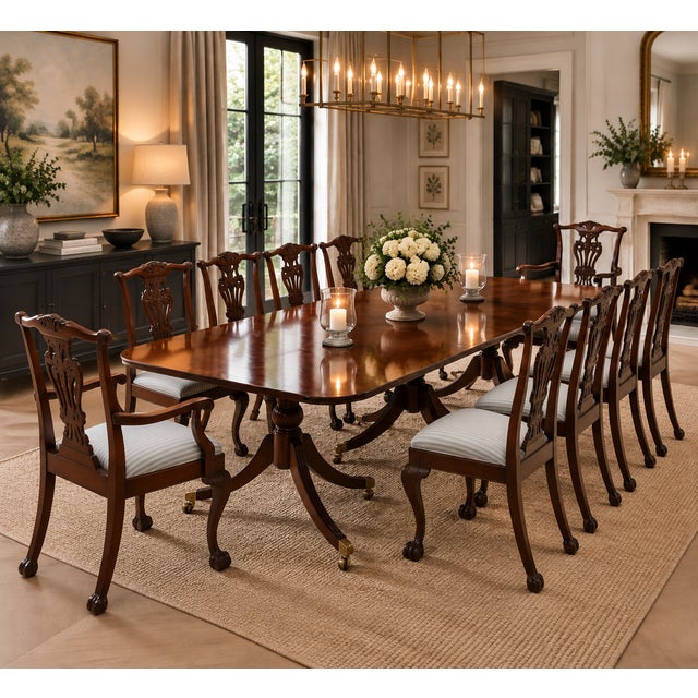 A magnificent antique Georgian figured mahogany three pedestal dining table, dating to circa 1800 and displaying...