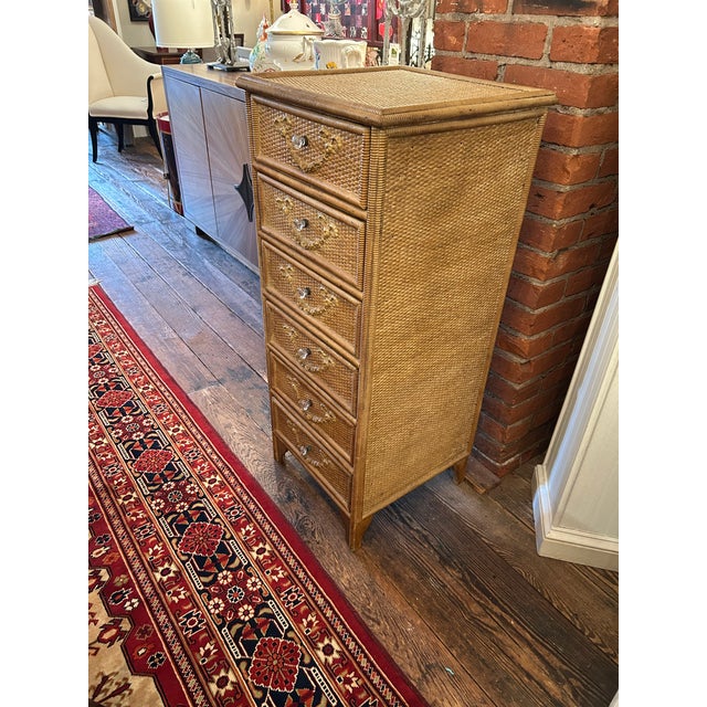 Traditional Nantucket Antique Wicker Multi Drawer Tall Chest Commode For Sale - Image 3 of 11