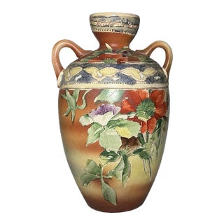 Antique Japanese Large Floral Double-Handled Art Pottery Vase Nippon Style For Sale