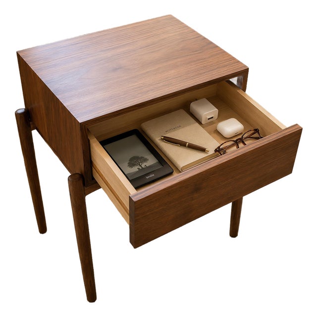 Narrow Walnut Nightstand With Drawer, Solid Black Walnut Bedside Table, Handmade Small Side Table For Sale
