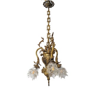 Art Nouveau Bronze Chandelier with Glass Shades, 1898 For Sale