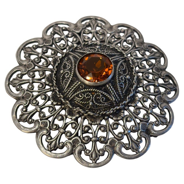 Collectible ottoman style Turkish German silver brooch or veil pin. Moorish Filigree Lace Brooch Pin, openwork lace with...