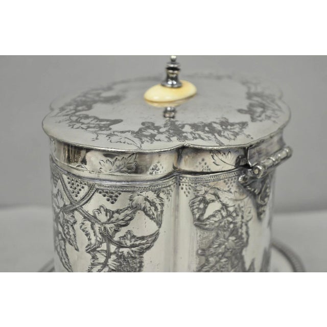Antique Victorian Silver Plated Etched Footed Hinged Biscuit Barrel Jar on Stand For Sale - Image 14 of 18