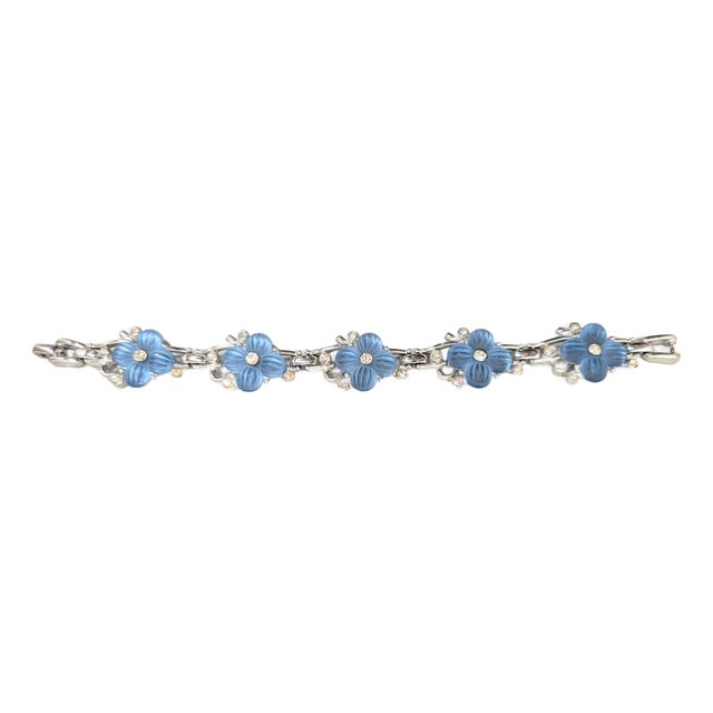 Vintage 1950s Signed Kramer Rhodium Plated Blue Glass Flowers & Clear Rhinestone Bracelet For Sale