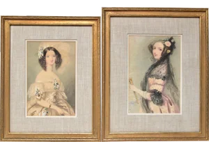 19th Century Victorian Era Portrait Watercolor Paintings, Framed - a Pair