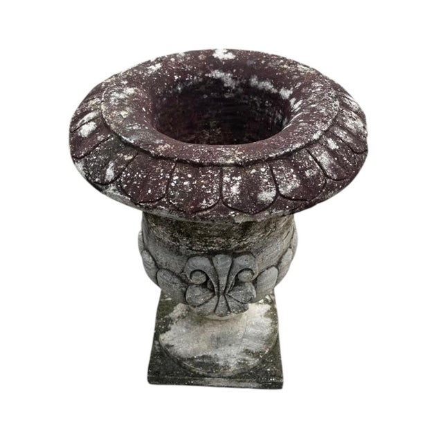 Traditional Vintage Classical Cast Stone Garden Urn With Fleur-De-Lis Relief & Weathered Patina For Sale - Image 3 of 12
