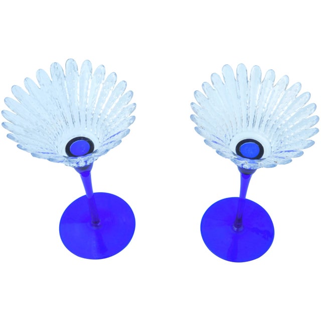 Mid 20th Century Vintage Large Blue-Stemmed Crystal Candle Holders - Set of 2 For Sale - Image 5 of 8
