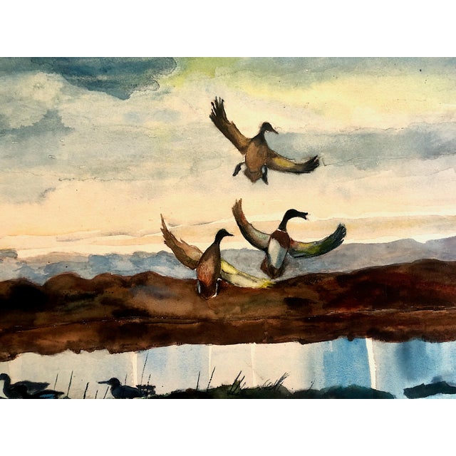 Modern Mid-Century Watercolor of Duck Hunters and Mallard Drakes at Dawn, by Roy Mason For Sale - Image 3 of 6