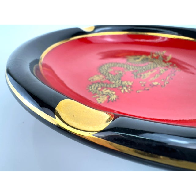 Vintage Italian Black and Red Ceramic Ashtray With Gilt Dragon Motif For Sale In Little Rock - Image 6 of 10