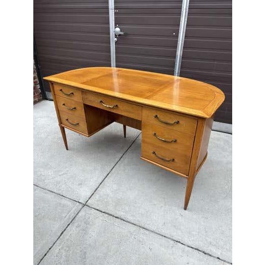 Tomlinson Sophisticate Light Walnut Desk with Front Bookcase and brass hardware. Original Condition shows some wear. Solid...