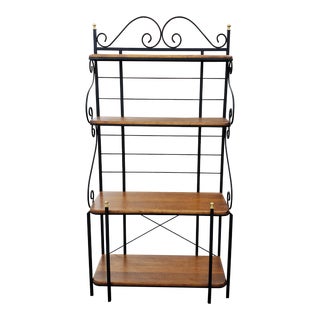 1970s Vintage Wood and Wrought Iron 4 Tier Bakers Rack For Sale
