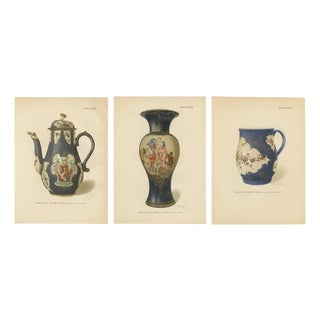 J. H. Thorpe, Worcester Porcelain Blue-Ground Vase, Coffee Pot and Mug, 1910, Chromolithographs on Paper, Set of 3 For Sale