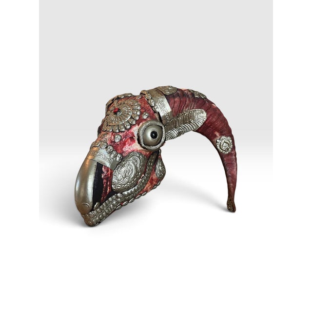 Tribal Vintage Tibetan Kapala-Style Decorated Ram Skull With Repoussé Metal & Skull Motifs For Sale - Image 3 of 11