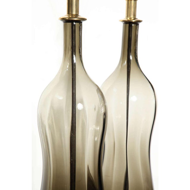 1950s Monumental Blenko Olive Hourglass Glass Table Lamps, 1950s - A Pair For Sale - Image 5 of 9