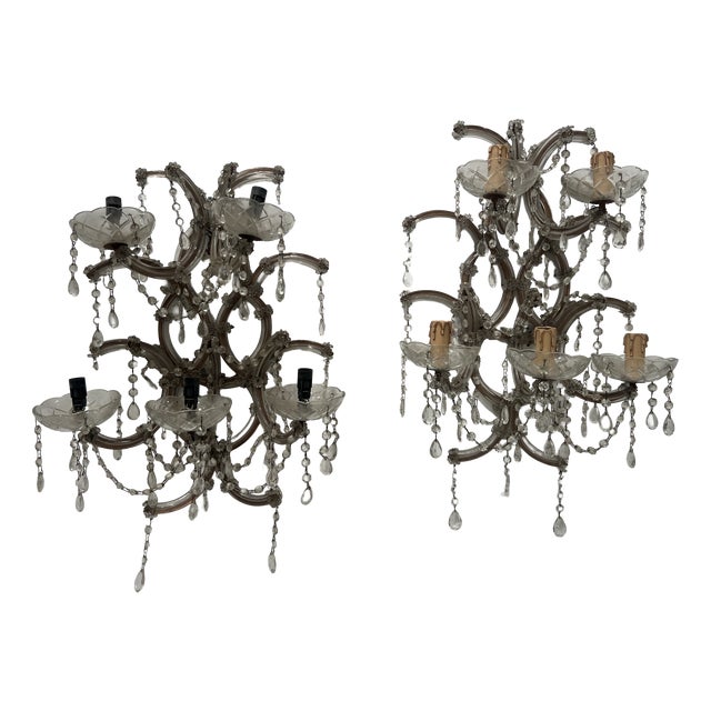 20th Century Marie Thérèse Wall Sconces with Brass Frame, Glass and Crystal Drops, Set of 2 For Sale