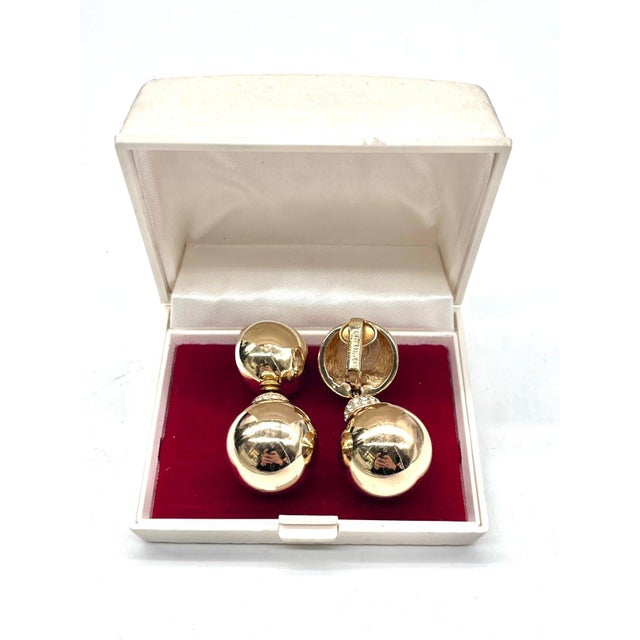 Christian Dior Vintage Double-Ball Ear Clips in Gold & Crystals from Christian Dior, 1980s, Set of 2 For Sale - Image 4 of 13