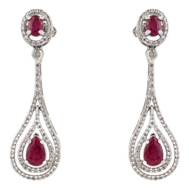 Art Deco Style 2.06Ct Ruby & Diamond Teardrop Dangle Earrings in 18k White Gold- 2 Pieces For Sale