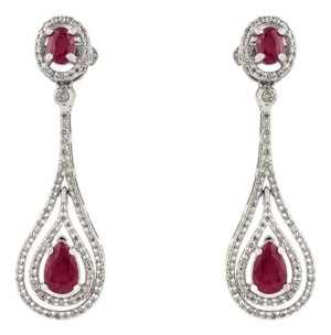 Art Deco Style 2.06Ct Ruby & Diamond Teardrop Dangle Earrings in 18k White Gold- 2 Pieces