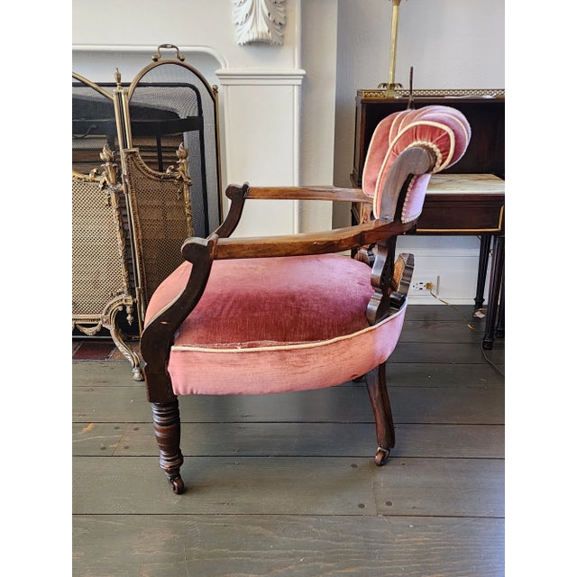 19th Century Antique Victorian Velvet Marquetry Fauteuil Parlor Armchair For Sale In New York - Image 6 of 12