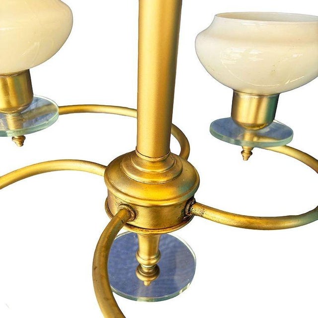 Scandinavian Art Deco Brass Four-Light Chandelier W/ Opaline Glass Shades For Sale - Image 4 of 7