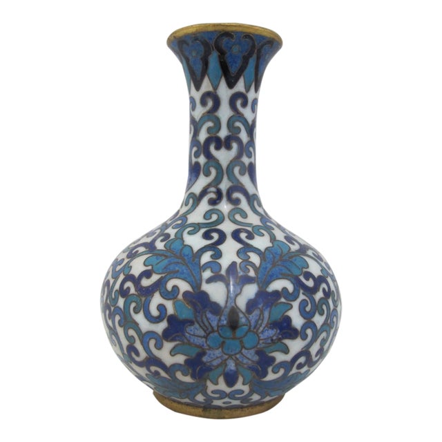 Chinese Turquoise & Cobalt Blue Cloisonne Enamel Flower Brass Small Vase For Sale