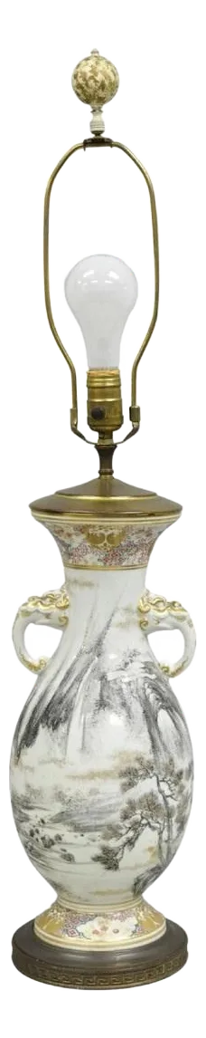 Early 20th Century Antique Chinoiserie Chinese Porcelain Hand Painted Vase Table Lamp With Foo Dogs