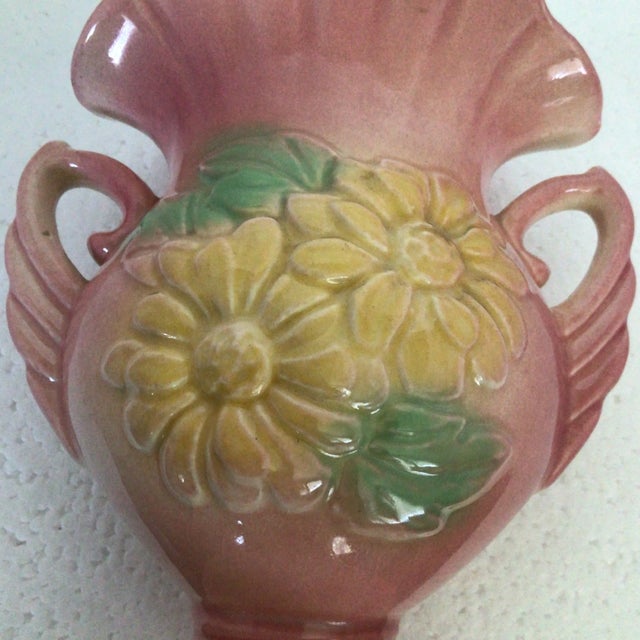 Hull U. S. A. Pottery Double Handle Pink and Yellow Magnolia Flower Vase For Sale - Image 9 of 13