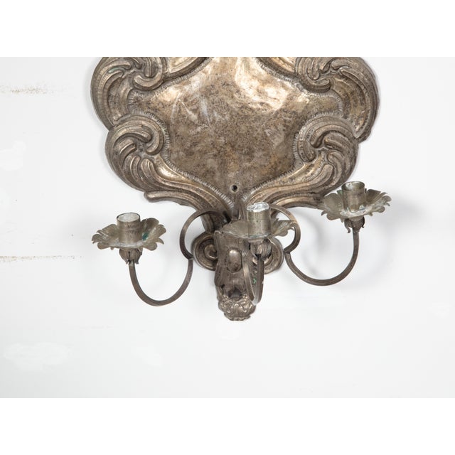 19th Century Pair of 19th Century Italian Rococo Style Tin Candle Sconces with Feather Motifs For Sale - Image 5 of 9
