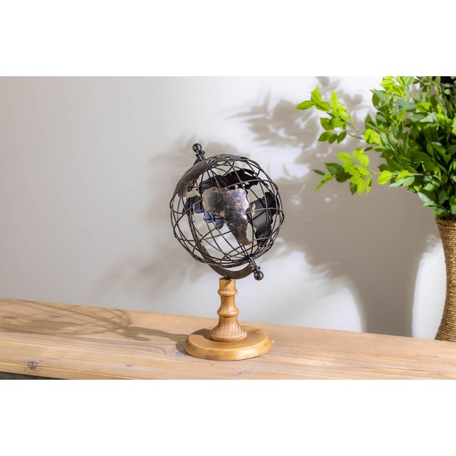 Kenneth Ludwig Chicago Iron Globe with Natural Wood Base 14.5"H For Sale - Image 4 of 4