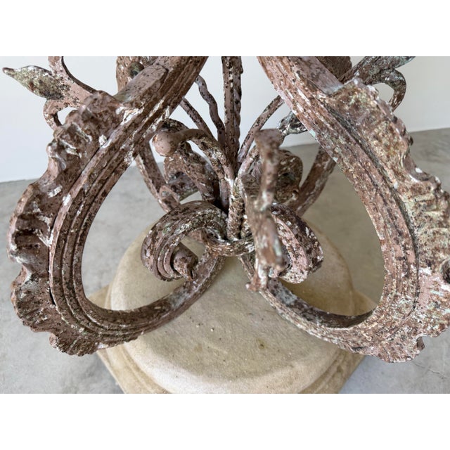 Vintage Wrought Iron & Concrete Pedestal Outdoor Dining Table With Glass Top For Sale - Image 9 of 12