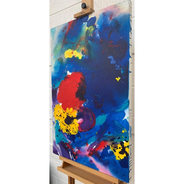 Margaret Francis, Abstract Flowers Painting Blue Red Yellow Purple Colour by Modern British Artist, 1992 For Sale - Image 4 of 7
