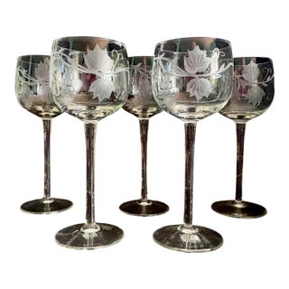 Vintage Wine Glasses With Gape Vine Etching, Set of 5, Made in Romania | Mid Century Barware | 7.25” For Sale