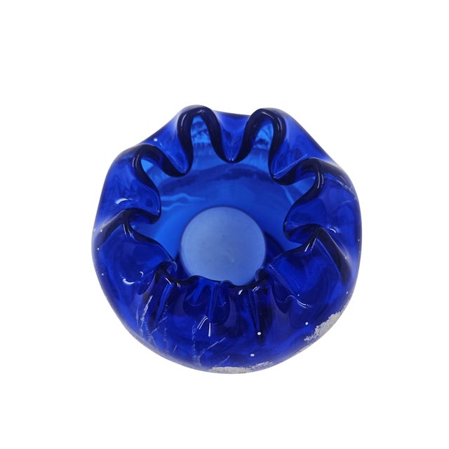 1990s Vintage Fenton Art GLASS-Winter Scene-Cobalt Ruffled Rose Bowl For Sale - Image 5 of 5