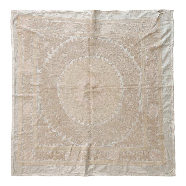 Suzani Textile Wall Art — Neutral Tan Uzbek Embroidery, 4'3'' X 4'3'' For Sale